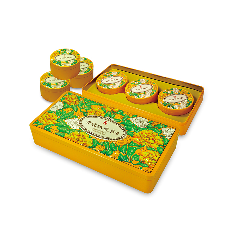 Tea gift set tin box with 3 round tin canisters packing green tea